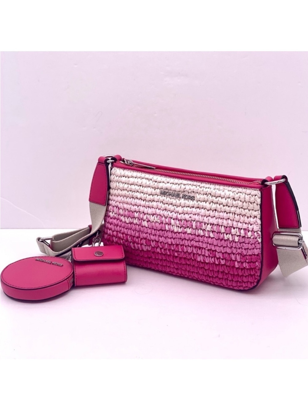 Michael Kors Pink and White Ombre Woven Crossbody with Removable Pouches - Picture 6 of 11